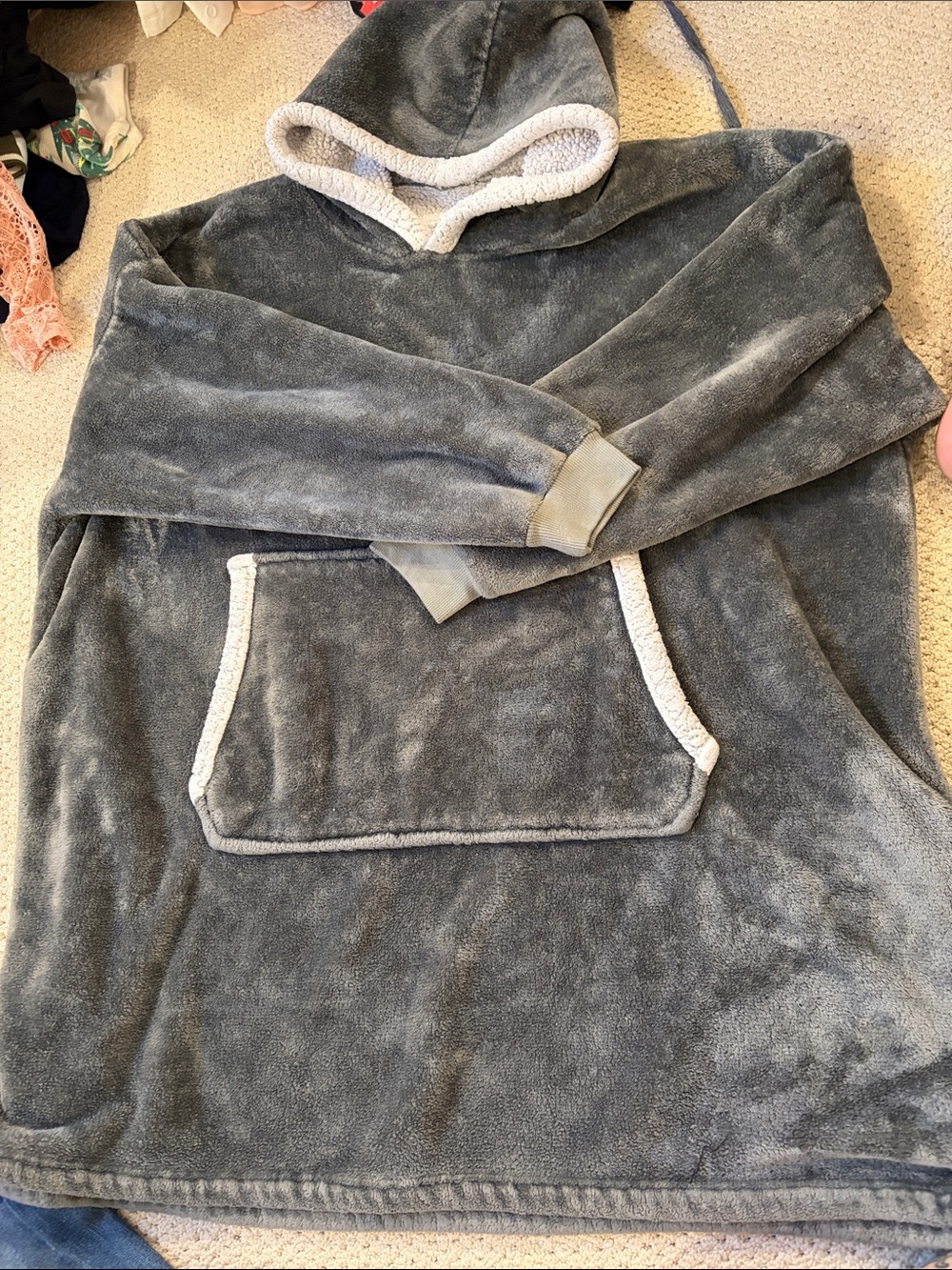 Plush Hooded Poncho Sweater - Gray